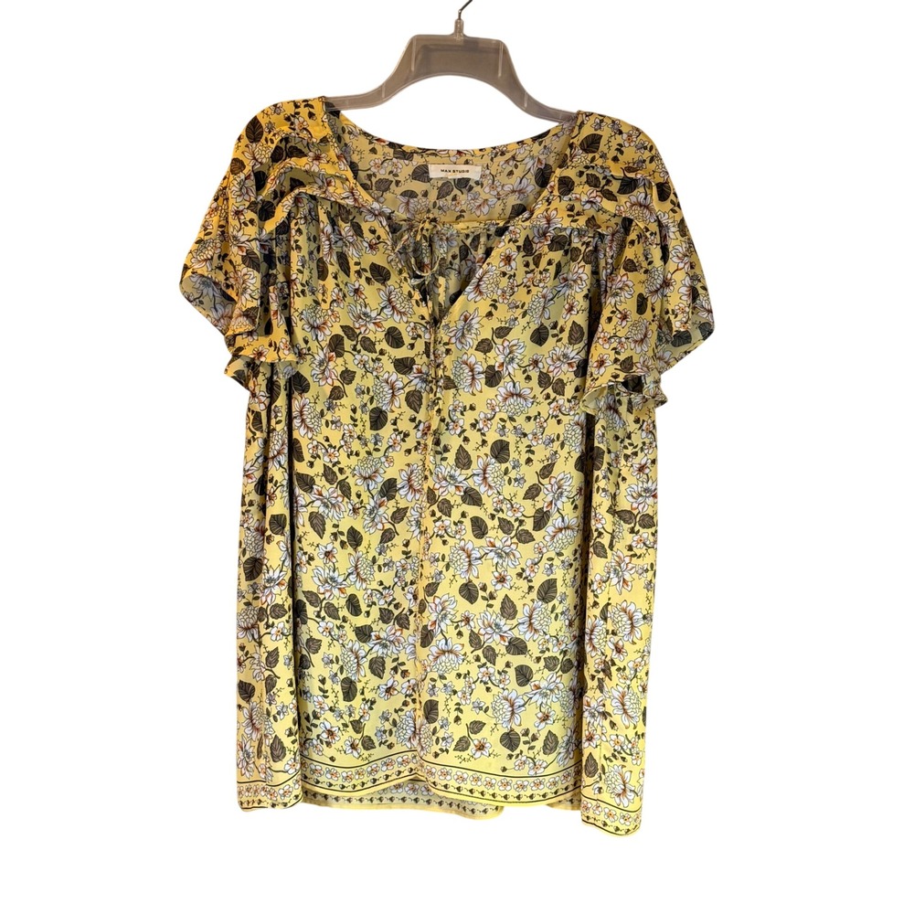Max Studio Peasant Floral Blouse Women 1X Yellow Flutter Sleeve Ruffe Boho
